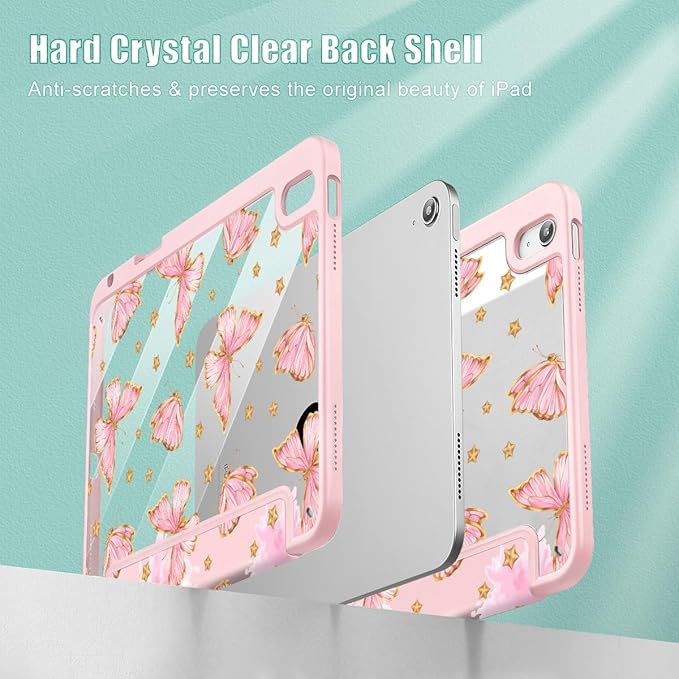 Tuiklol Case for iPad 11 inch (A16 Chip) 2025 Gen 11th / iPad 10.9 inch 2022 10th Gen Buit in Pencil Holder with Shockproof Cover Clear Transparent Back Shell Auto Wake/SleepPink Butterfly