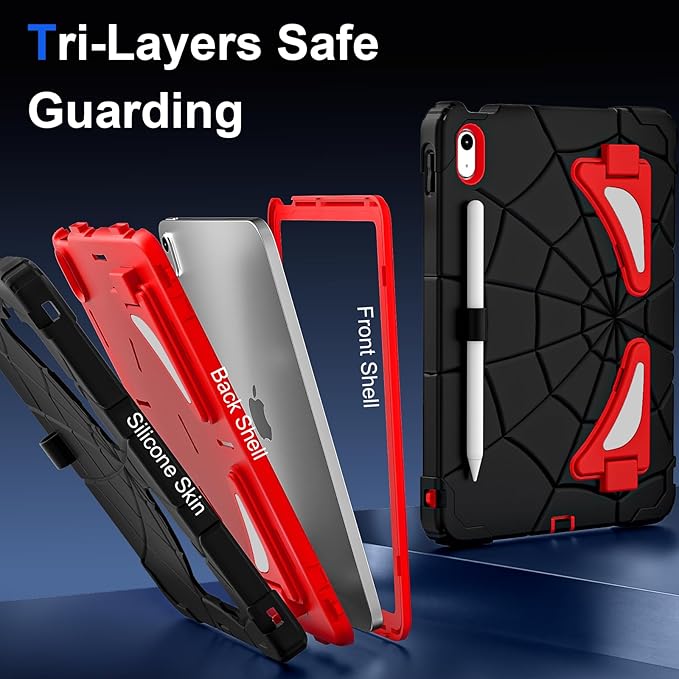 Kids Case for iPad 10th/11th Gen (10.9/11 Inch 2022/2025 A16) – Shockproof 360° Full-Body Protection Cover with Screen Protector Stand &amp Pencil Holder – Boys’ Anti-Drop Design-Black Red