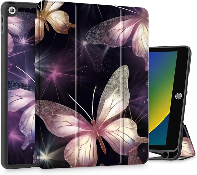 Mektron Designed Printed iPad 10.2 Case 9th Gen (2021)/ 8th Gen (2020)/ 7th Gen (2019) with Pencil Holder Slim Protective Case with Soft TPU Back Auto Wake/Sleep for iPad 10.2 Inch Butterfly
