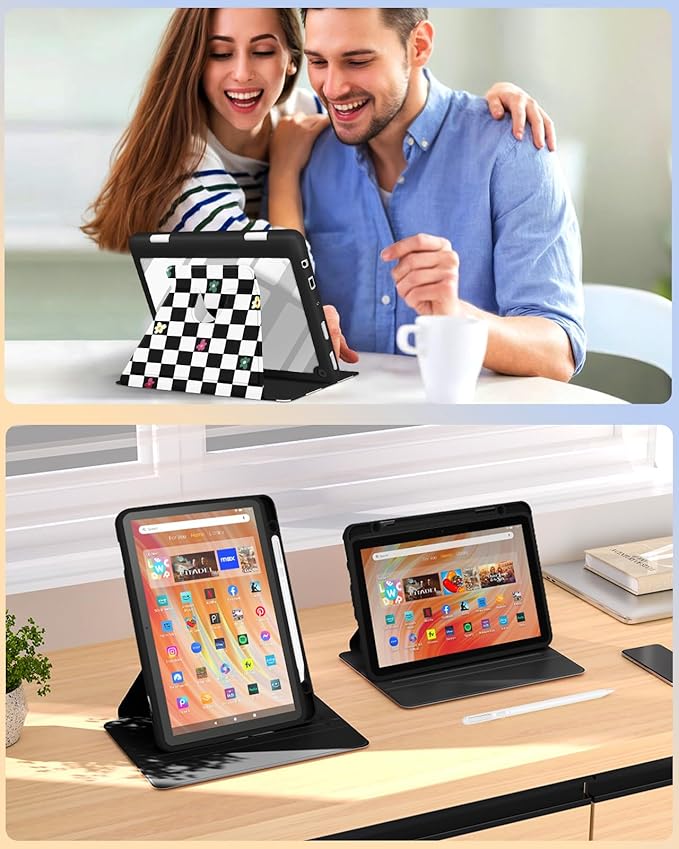Kidcube for Kindle Fire HD 10/10 Plus Tablet Case - 13th/11th Generation (2023/2021) 10.1 Women Girls Kids Cute Girly Unique Rotating Stand Pencil Holder Folio Cases for Amazon Fire HD 10/10 Plus