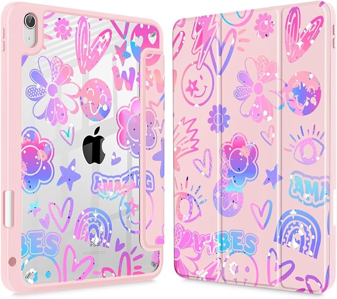 Tuiklol Case for iPad 11 inch (A16 Chip) 2025 Gen 11th / iPad 10.9 inch 2022 10th Gen Buit in Pencil Holder with Shockproof Cover Clear Transparent Back Shell Auto Wake/SleepFun Emotions Pink