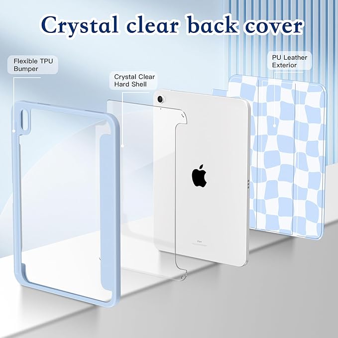 CISSOOK Case for New iPad 11 Inch 2025 (A16) / 10.9 inch iPad 10th Generation 2022 with Apple Pencil Holder Auto Wake/Sleep Light Blue Checkerboard