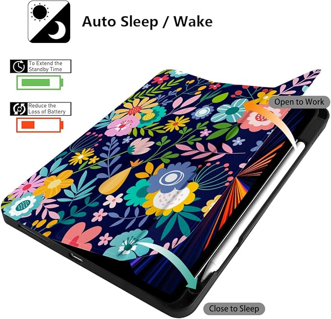 DONGKE Case for iPad Pro 11 inch (4th 3rd 2nd &amp 1st Gen) 2022 2021 2020 2018 Trifold Stand + Pencil Holder + Auto Wake/Sleep + Soft TPU Protective Stand Back Cover Florals