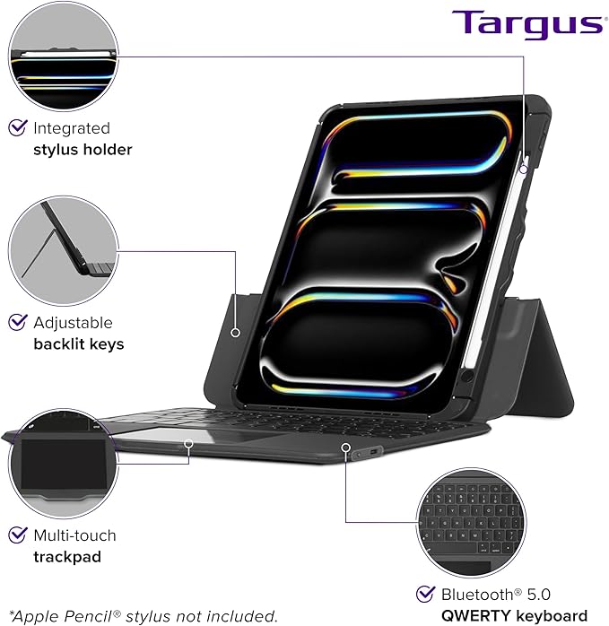 Targus VersaVu Bluetooth Keyboard Case for iPad Pro 11-inch (M4) – 360 Degree Rotation Backlit Keys Multi-Touch Trackpad Drop Protection Stylus Holder - THZ988US