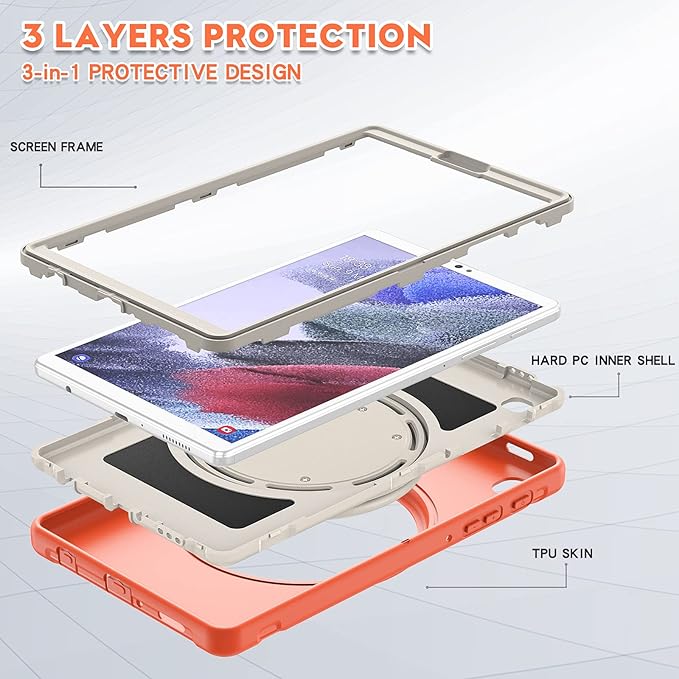 Shockproof Case for Samsung Galaxy Tab A7 Lite 8.7 Tablet Techcircle Rotating Stand Handle Heavy Duty Bumper Hybrid Cover Protective Case for Galaxy Tab A7 Lite (2021) SM-T220/T225 Coral Orange