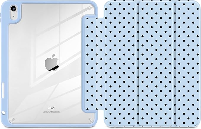 Case for iPad A16 11th Generation 11 inch 2025 iPad 10th Generation 10.9 inch 2022 -[Built-in Pencil Holder] Shockproof Clear Hard Back Trifold Stand Auto Wake/Sleep Blue Polka dot