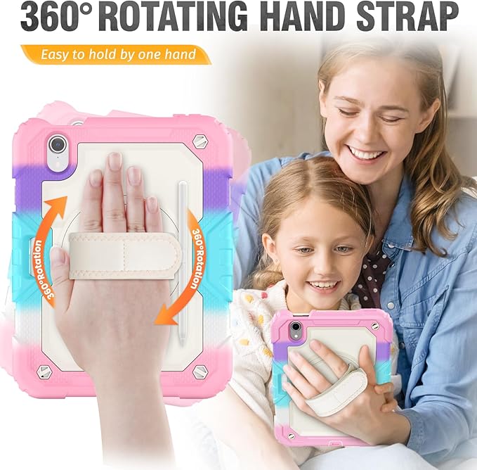 HXCASEAC Kids Case for iPad mini 7 (A17 Pro) iPad mini 6 Case Cute 8.3 inch Full Body Protective with Carrying Strap Hand Strap Stand Protector Pencil Holder A2995 A2993 A2567 A2568 Rainbow Pink