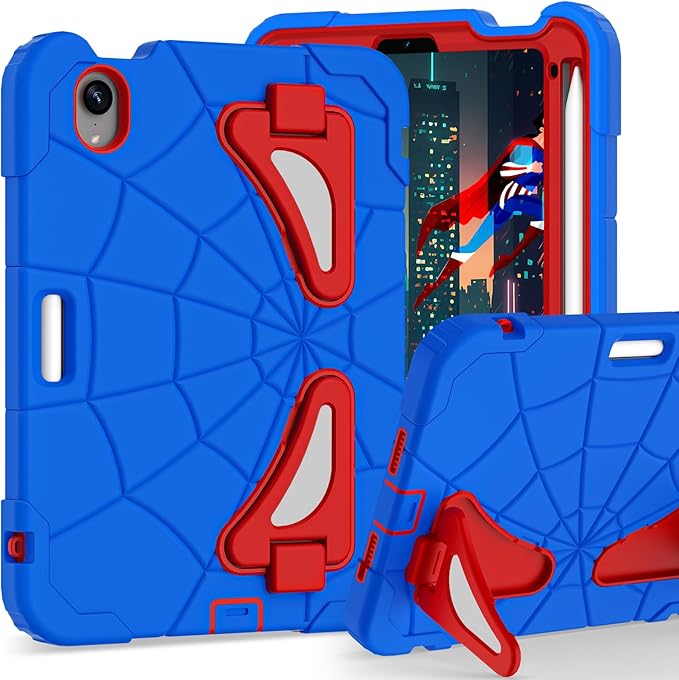 Kids Case for iPad mini 7 A17 Pro 2024/ Mini 6 8.3 inch Spider Case for iPad mini 7th 6th Generation Shockproof Durable Full Protective Cover with Pencil Holder Kickstand (Blue+Red)
