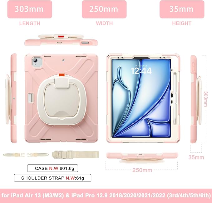MEEgoodo Case for iPad Air 13 inch 2025 (M3) /2024 (M2) &amp iPad Pro 12.9 Case 6th/5th/4th/3rd Generation 2022 2021 2020 2018 Tablet Cover with Pencil Holder/Rotating Stand/Shoulder Strap Rose Gol