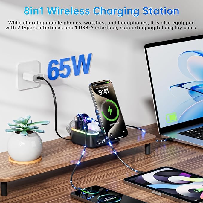 Qi2 Wireless Charger 8in1 Magnetic Wireless Charger Fast Charging Station for iPhone 65W Fast Foldable Charger with LED Clock USB-C/A Ports Multi-Device Charging Travel charged MagSafe Compatible