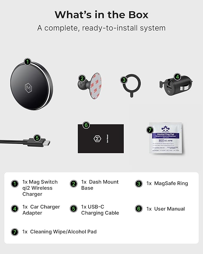 Mag Switch Qi2 Wireless Car Charger Small Dash Mount 15W Fast Charger with Built in on/off Switch for smarter charging Strong N52 Magnets Compatible with iPhone 14/15/16/17 Iphone Air