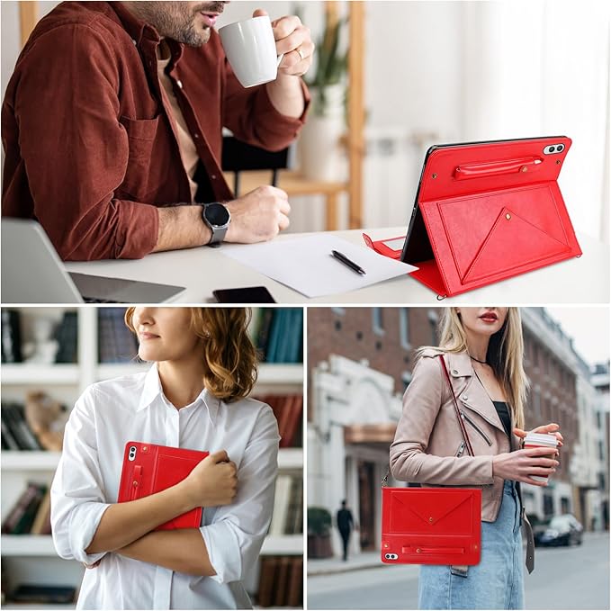 Tablet Carrying Shoulder Bag Case for Samsung Galaxy Tab S11 Ultra 14.6 Inch 2025 SM-X930 X936B PU Leather Hand Strap Crossbody Shoulder Strap Cards Holder Pocket S Pen Holder Stand CaseRed