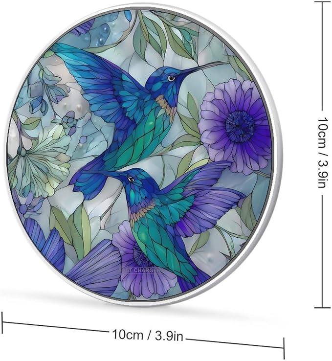 Hummingbirds Stained Glass Flowers Pear Fast Portable Charger 10W Funny Graphic Phone Charging Pad with USB Cable