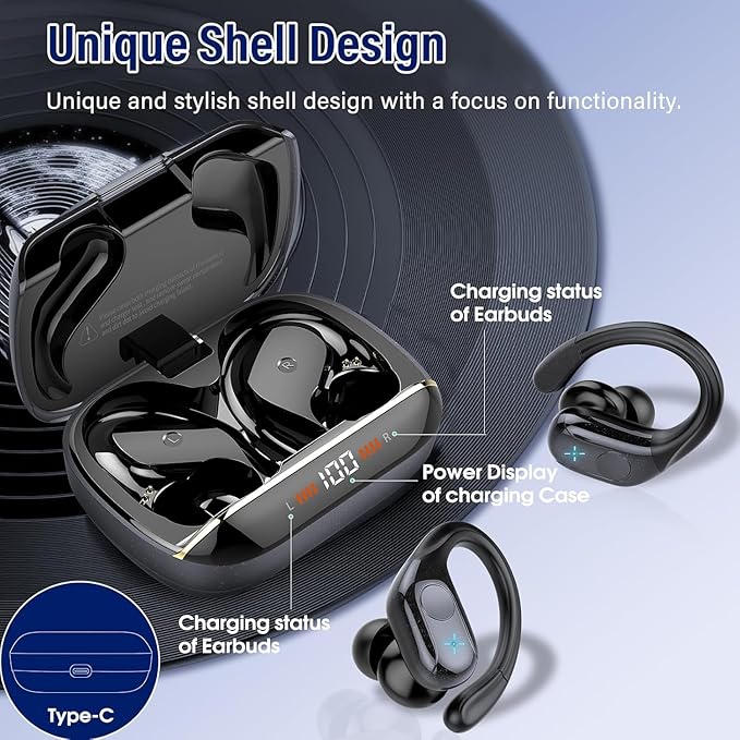 Wireless Earbuds Bluetooth 5.4 Headphones 75H Stereo Deep Bass Sports Over Ear Buds with Earhooks LED Display Bluetooth Earbuds with 4 ENC Mic IP7 Waterproof Earphone for Running Black