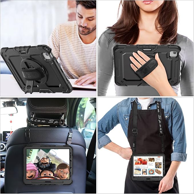 SEYMAC stock Case for iPad Air 5th/4th Generation/Pro 11 (4th/3rd/2nd) with Screen Protector Pen Holder 360° Rotate Hand Strap/Stand Case for iPad Air 5th/4th Gen 10.9''/ Pro 11'' (Black)
