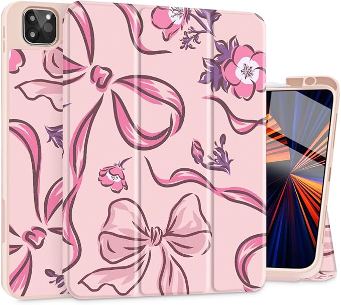 Mektron for iPad Pro M2 11-inch 4th/ 3rd/ 2nd/ 1st Gen Case 2022 2021 2020 2018 with Pencil Holder Tablet Cover with Soft TPU Back Cover for 11 inch iPad Pro Flowers-Bows-Pink