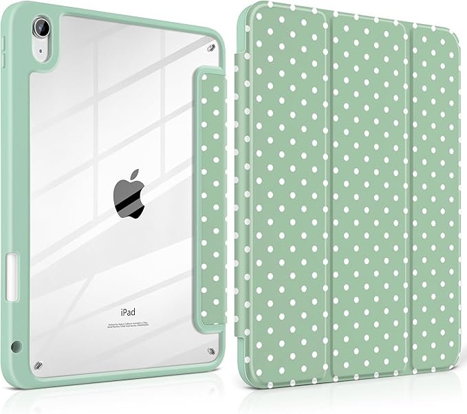 Case for iPad A16 11th Generation 11 inch 2025 iPad 10th Generation 10.9 inch 2022 -[Built-in Pencil Holder] Shockproof Clear Hard Back Trifold Stand Auto Wake/Sleep Green White dot