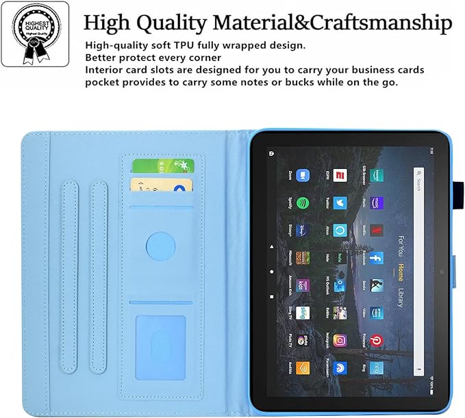 Cute Case for All-New Amazon Kindle Fire HD 10 &amp 10 Plus Tablet (13th/11th Generation 2023/2021 Release) 10.1Vegan Leather Slim Folding Stand Cover with Pocket Auto Wake/Sleep Blue Notebook