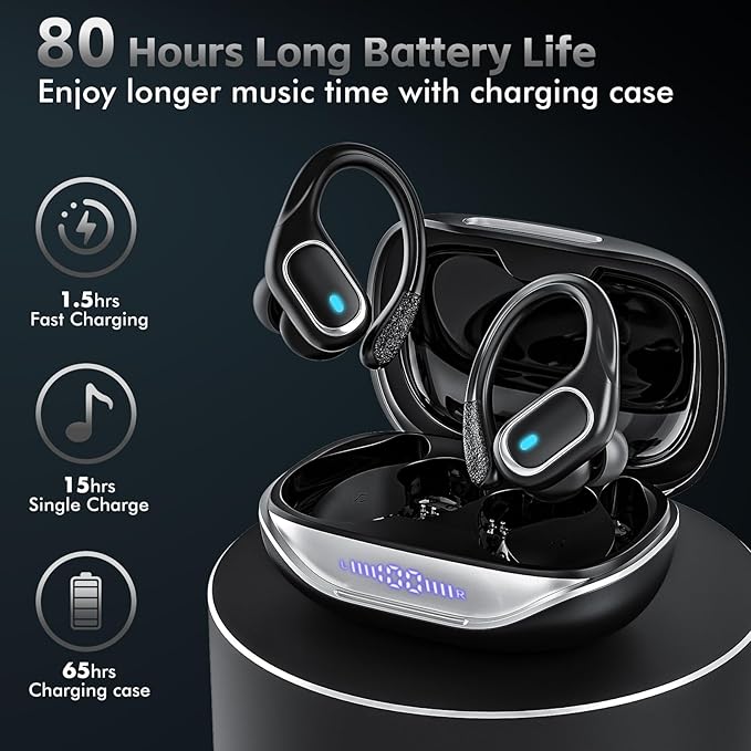Wireless Earbuds Bluetooth 5.3 Headphones with 80H Playback IPX7 Waterproof Over Ear Buds with LED Power Display for Sports Running Workouts