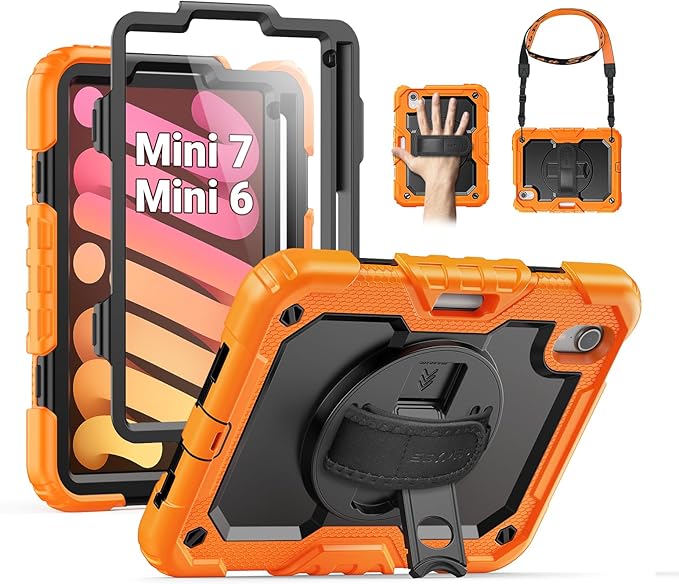SEYMAC Case for iPad mini 7 (A17 Pro) 2024/ Mini 6 8.3″ Full-Body Shockproof Protective Case with Screen Protector Rotating Stand Hand/Shoulder Strap for iPad mini 7th/ 6th Generation Orange