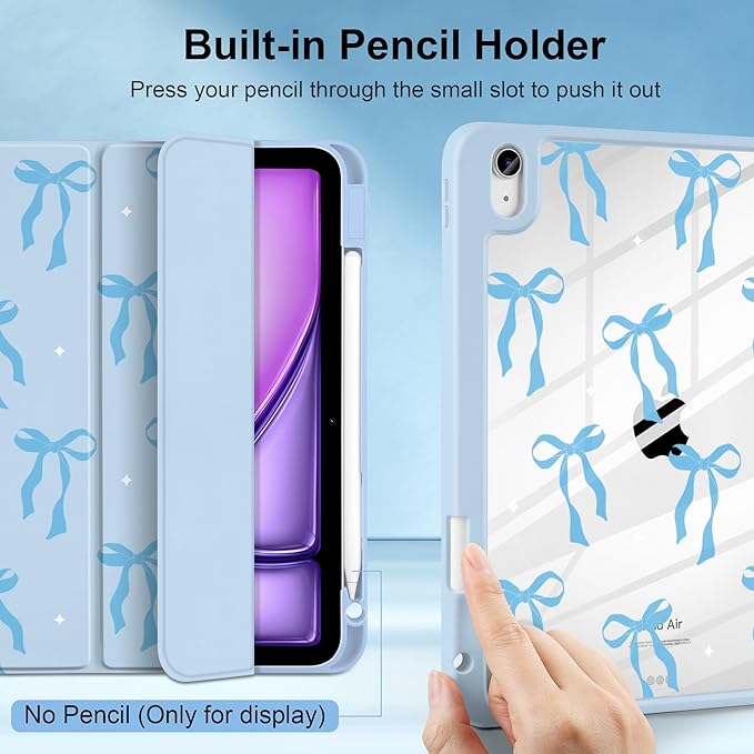 MecBevia Case for iPad Air 11-inch M4 2026 / M3 2025 / M2 2024 Slim Protective Cover with Built-in Pencil Holder Auto Wake/Sleep Blue Bow