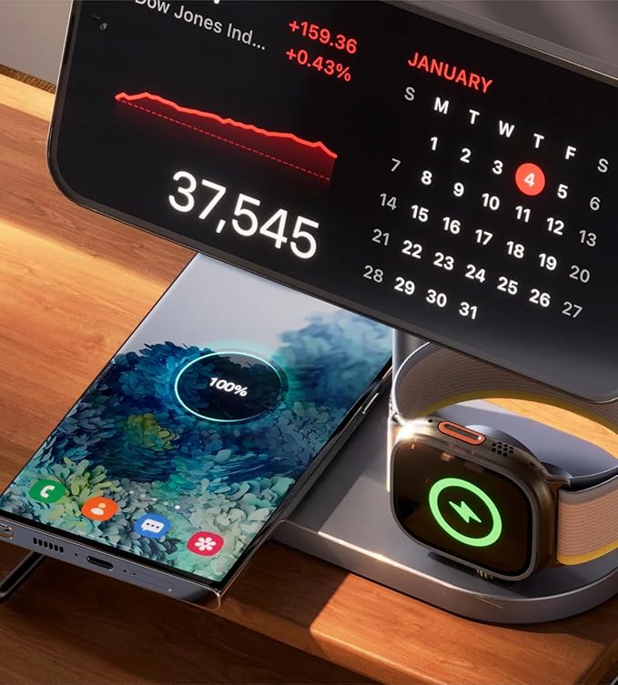 KU XIU X23 PRO Magnetic Wireless Charging Stand 3-in-1 Charging Station for iPhone 17/16/15/14/13/12 &amp iPhone Air 5W for Apple Watch S11–4/SE/Ultra 3/2/1 AirPods 4/3/2/Pro – Wood Grain