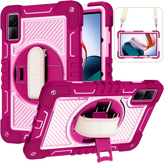 Tablet Case for Xiaomi Redmi Pad 10.61 inches 22081283G Tablet Shockproof Cover with 360° Rotating Stand and Wrist Strap Shoulder Strap Red Rose+Pink
