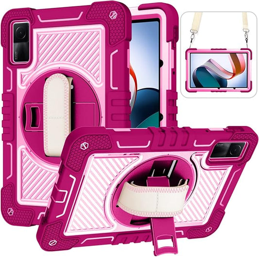 Tablet Case for Xiaomi Redmi Pad 10.61 inches 22081283G Tablet Shockproof Cover with 360° Rotating Stand and Wrist Strap Shoulder Strap Red Rose+Pink