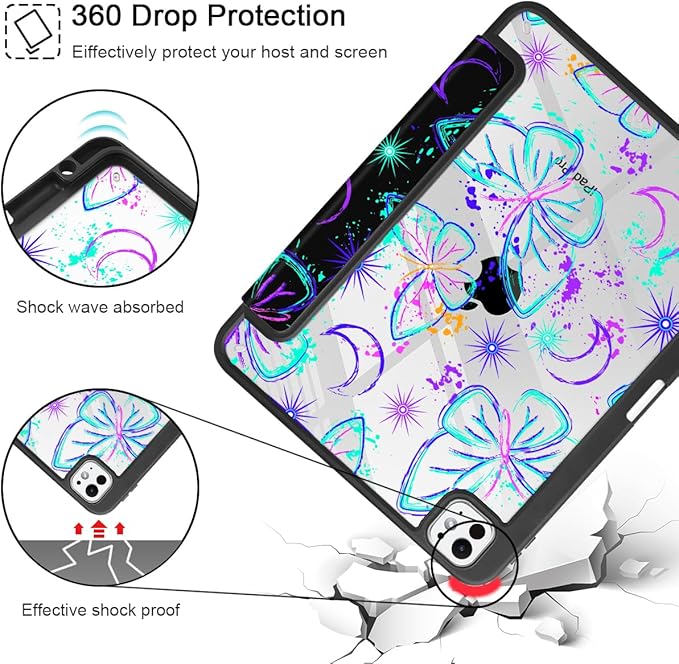 Mektron Case for M5/ M4 iPad Pro 11 inch 2025/2024 with Pencil Holder Compatible Models: A3357/A3358/A3359/A2836/A2837/A3006 Shockproof Cover Clear Shell Fantasy Butterfly