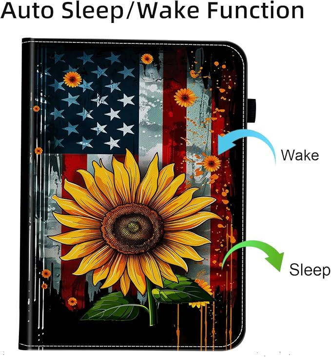 Case for Samsung Galaxy Tab A9 Plus/A9+ 5G 11 Inch 2023 Model (SM-X210/X216/X218)Card Slot PU Leather TPU Case Pen Holder Auto Wake SleepAmerican Flag Sunflower