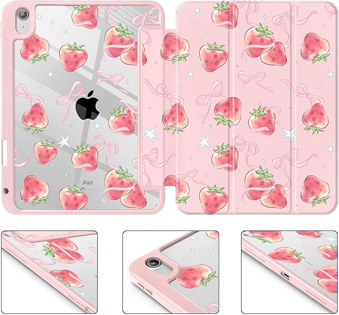 May Chen Case for iPad Air 13 Inch M4 2026 M3 2025 M2 2024 [Built-in Pencil Holder] Shockproof Cover with Clear Transparent Back Shell Auto Sleep/Wake Cover Bow Strawberry