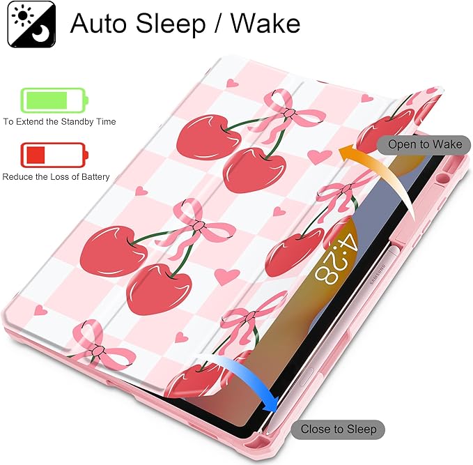 Mektron Case for Samsung Galaxy Tab S6 Lite 10.4 Inch 2024/2022/2020 with S Pen Holder Multi-Angle Viewing with Shockproof Cover Clear Shell + Trifold Stand + Auto Wake/Sleep Cherries Bows C353