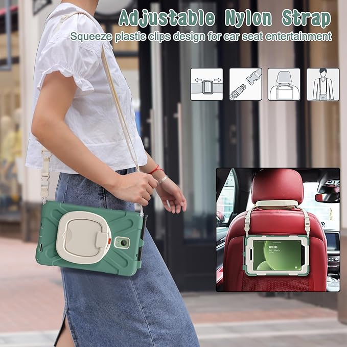 Rugged Case for Samsung Galaxy Tab Active5 5G (SM-X306B/X300) w/ 360° Rotating Hanging Ring Handle Grip Kickstand Heavy Duty Shock-Proof Armor Cover w/Shoulder Strap Stylus Holder (Green)