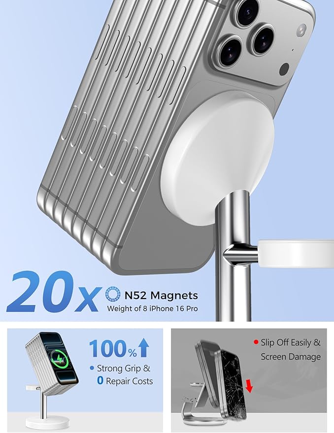 2026 3 in 1 Wireless Charging Station Compatible with MagSafe 15W Fast Magnetic Mag-Safe Charger Stand for Apple iPhone 17 16 15 14 13 12 Series iWatch AirPods Pro 4 3 2 SilverWhite