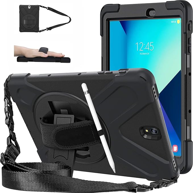 DreamerX for Samsung Galaxy Tab S3 9.7 Case T820/T825/T827 Heavy Duty Rugged Full Body Drop Protective Silicone Cover for Kids with Rotating Stand Handle Hand Strap Carrying Shoulder Strap Black