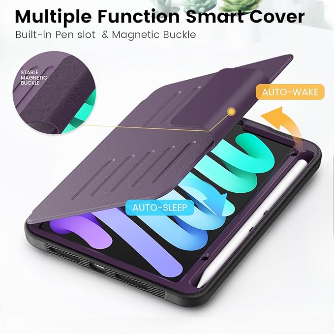Case for iPad mini 7 (A17 Pro) 2024/ Mini 6 2021 8.3 Inch: Shockproof Rugged Protective Cover with Pencil Holder Auto Wake/Sleep Magnetic Multi-Angles Stand Card Slot Purple