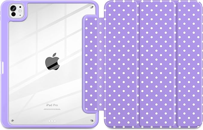 Case for iPad Pro 11 Inch (M5 2025 M4 2024) – [Built-in Pencil Holder] Shockproof &amp Stylish Clear Hard Back + Soft TPU Edge Magnetic Trifold Stand Auto Wake/Sleep Purple White dot