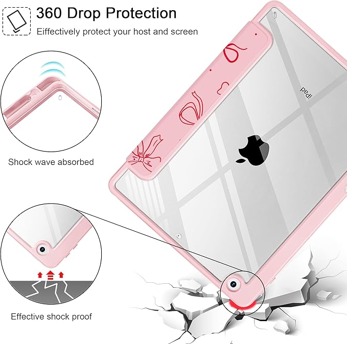 for iPad 9th Generation with Pencil Holder iPad 8th/7th Gen Case 10.2-inch [Built in Pencil Holder] Trifold Stand Auto Wake/Sleep Clear TPU Protection Back Cover Pink Bows