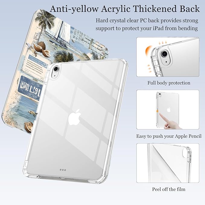 Sea Beach Newspaper for iPad Air 11 Inch Case 7th/6th Generation (M3/M2) 2025/2024 with Pencil Holder Auto Sleep/Wake White Leather Acrylic Back Detachable Cover