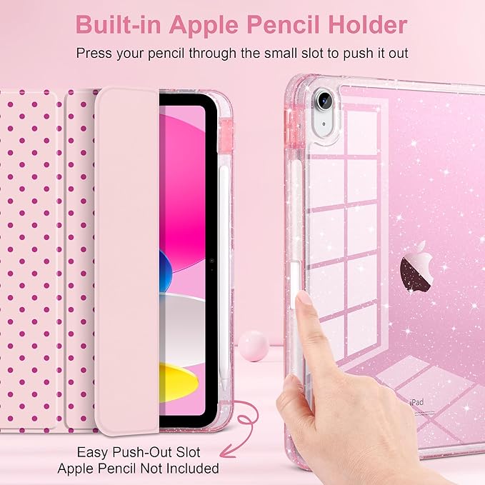 DONGKE for iPad Pro 11 inch Case – Fits M5 2025 / M4 2024 Shockproof Sparkling Glitter Acrylic Back Pencil Holder Trifold Stand Auto Sleep/Wake &amp Touch ID Support - Pink Polka Dot