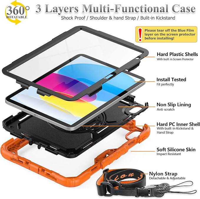 SEYMAC stock Case for iPad (A16) 11th/10th Generation 11''/10.9'' 2025/2022 Full-Body Drop Protection Case with Screen Protector &amp360° Rotate Hand Strap/Stand Black+Orange