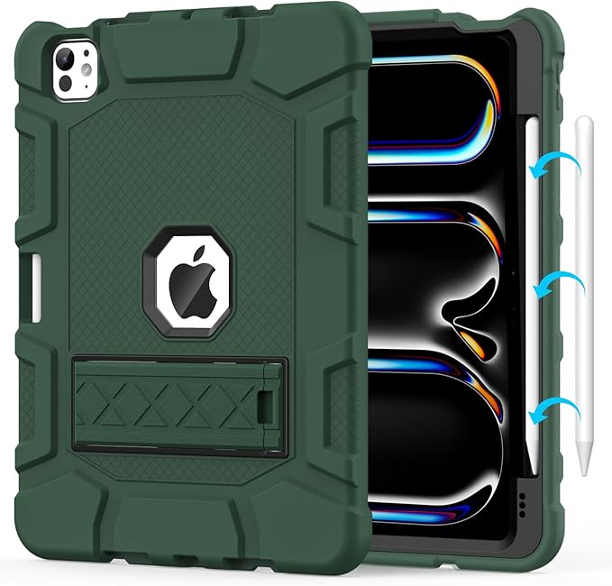 Case for iPad Pro 11 Inch Case (M5 2025/ M4 2024) with Pencil Holder Built-in Stand Military Grade Shockproof Protective Cover for iPad Pro 11 (Dark Green)