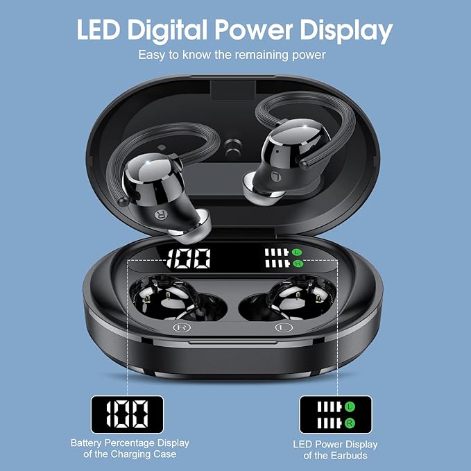 Wireless Earbuds 2023 New Ultralight Sport Bluetooth 5.3 Headphones In Ear with LED Display Built-in Mic Earphones IPX7 Waterproof Wireless Headphones with Earhooks for Gym Workout (Black)