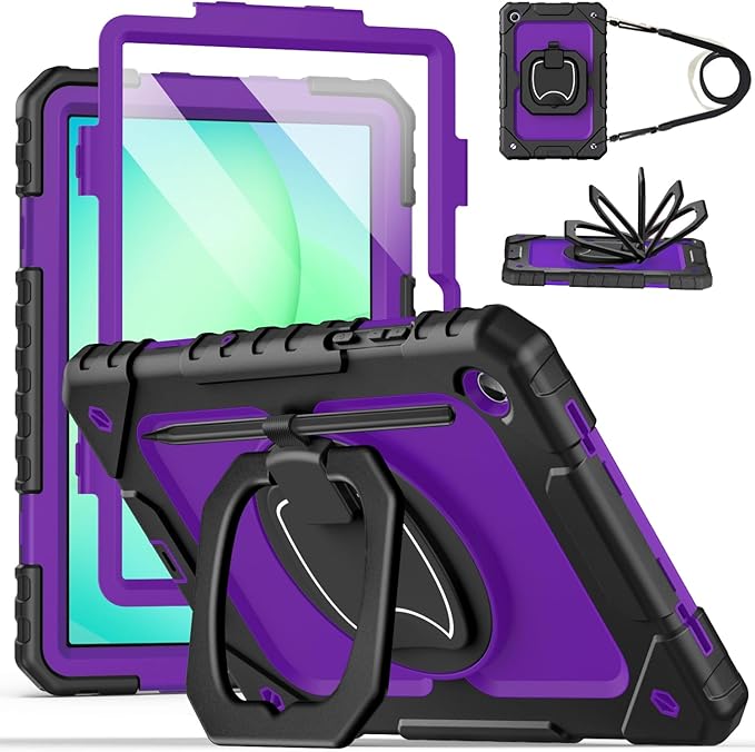 Cantis Case for Samsung Galaxy Tab A11 Plus 11 Inch 2026 (SM-X230/X236/X238) Shockproof Case for Tab A11+ with Screen Protector/Rotating Stand/Pen Holder/Shoulder Strap Black+Darkpurple