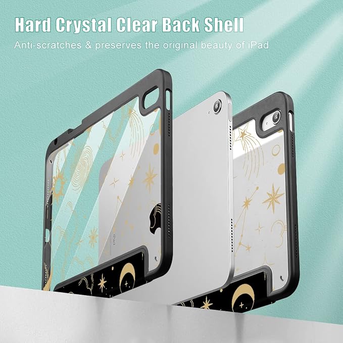 Tuiklol Compatible with iPad 10th Generation Case 2022 10.9 Inch Buit in Pencil Holder with Shockproof Cover Clear Transparent Back Shell Auto Wake/Sleep with Model A2757 A2777 A2696 Moon and Star