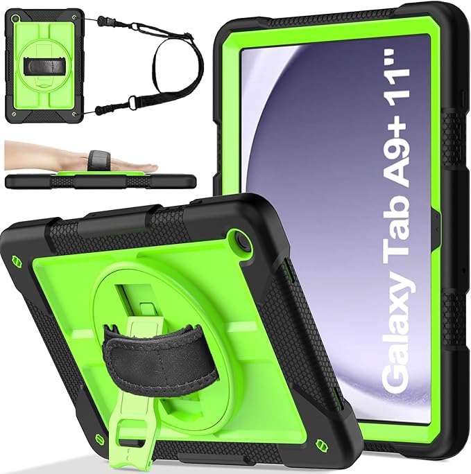BMOUO for Samsung Galaxy Tab A9+ Plus Case 11 2023 (SM-X210/X216/X218) Shockproof Galaxy Tab A9 Plus Case with Rotating Stand and Hand/Shoulder Strap Green and Black