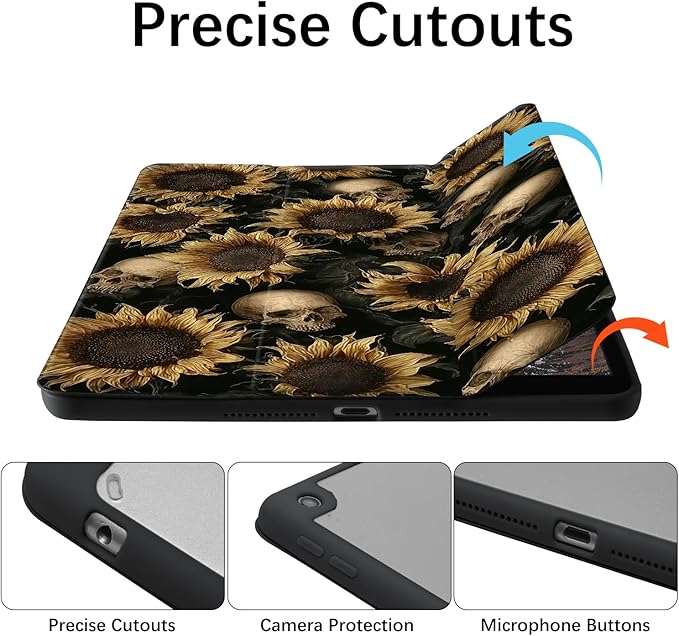 Cute Sunflowers Case for 10.9 Inch Ipad 10Th Retro GIlry Floral Cover for Ipad Black Shell with Clear Transparent Back Auto Sleep/Wake Shockproof with Pencil Holder(Girls Women)