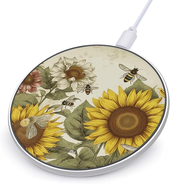 Bees Sunflowers Daisy Rose Flowers Wireless Charger Fast Wireless Charging Pad with USB Cable 10W Anti-Slip Magnetic Wireless Charger Portable Slim Charger Puck Travel Charging Station