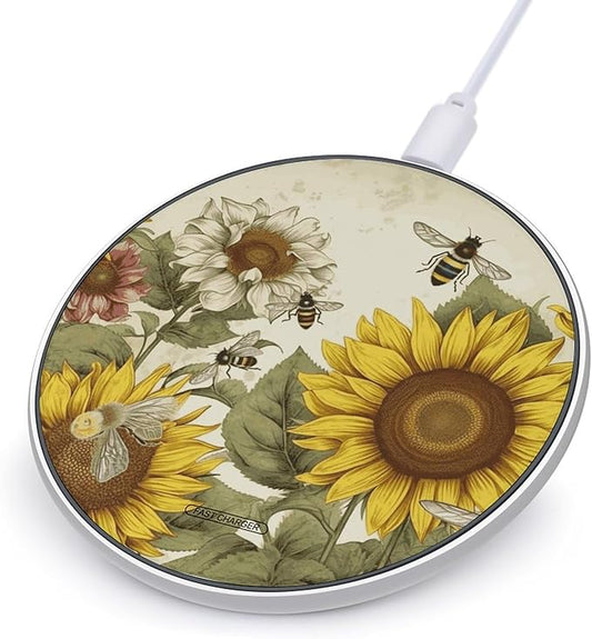 Bees Sunflowers Daisy Rose Flowers Wireless Charger Fast Wireless Charging Pad with USB Cable 10W Anti-Slip Magnetic Wireless Charger Portable Slim Charger Puck Travel Charging Station