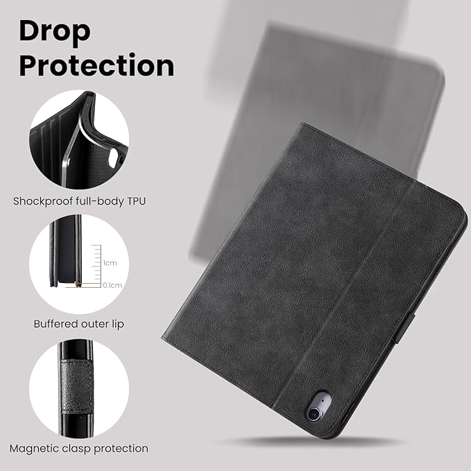 Handmade Case for iPad A16 11th Gen 11 Inch 2025 / iPad 10th Generation 10.9'' with Pencil Holder PocketMulti Angles StandMagnetic ClosureVegan Leather CoverAuto Sleep/WakeBlack